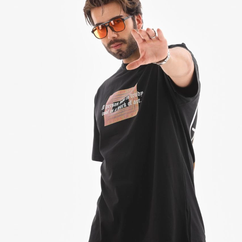 Bisiklet Yaka Baskılı Oversize T-Shirt - Siyah -