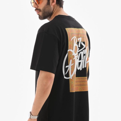 Bisiklet Yaka Baskılı Oversize T-Shirt - Siyah -