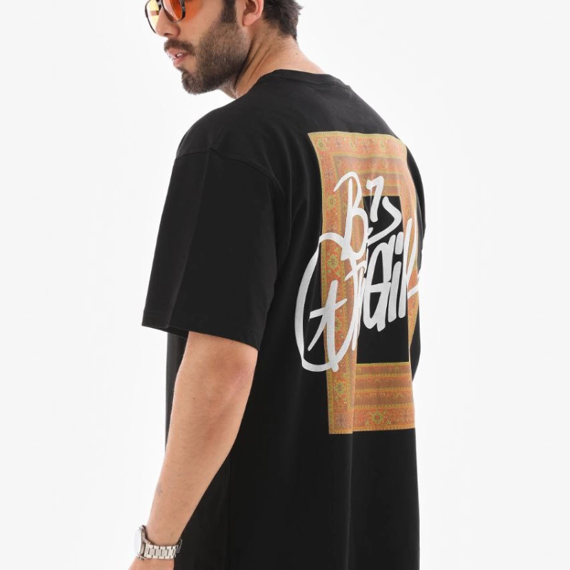 Bisiklet Yaka Baskılı Oversize T-Shirt - Siyah -