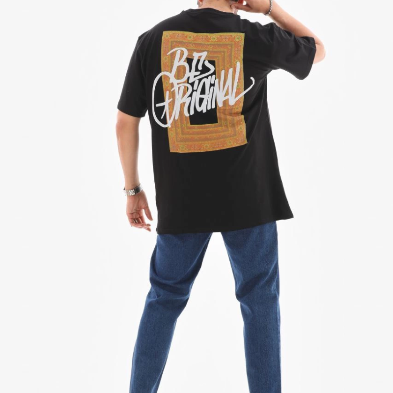 Bisiklet Yaka Baskılı Oversize T-Shirt - Siyah -