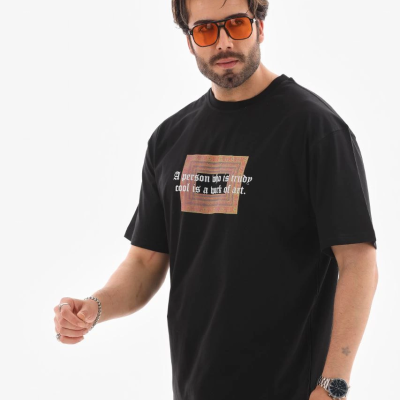 Bisiklet Yaka Baskılı Oversize T-Shirt - Siyah -