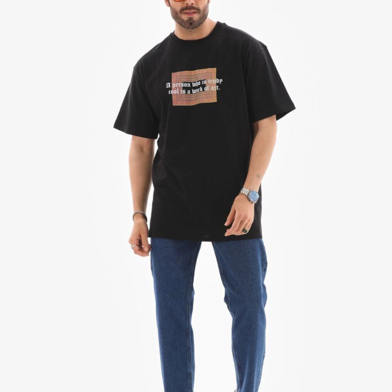 Bisiklet Yaka Baskılı Oversize T-Shirt - Siyah -