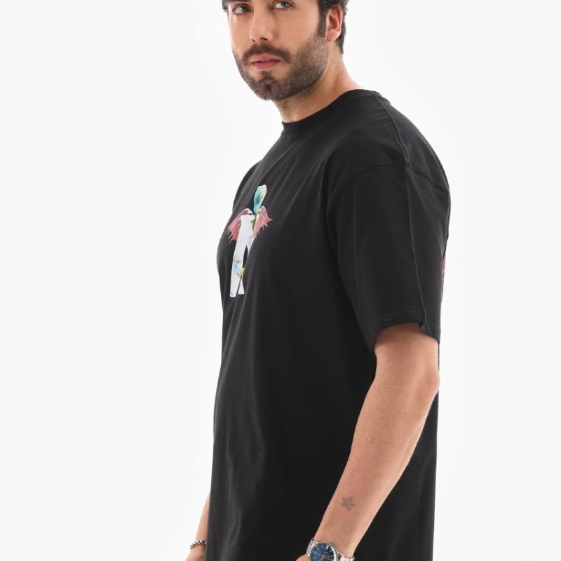 Bisiklet Yaka Baskılı Oversize T-Shirt - Siyah -