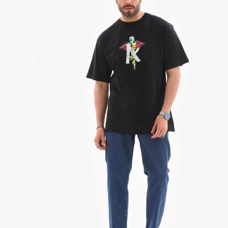 Bisiklet Yaka Baskılı Oversize T-Shirt - Siyah -