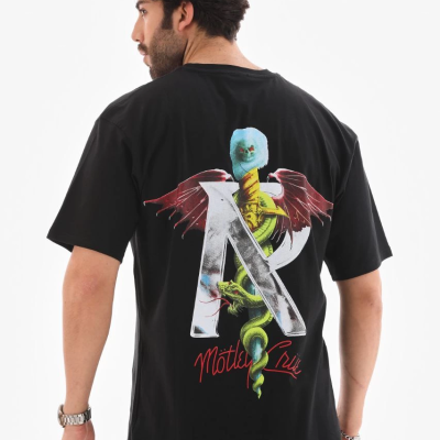 Bisiklet Yaka Baskılı Oversize T-Shirt - Siyah -