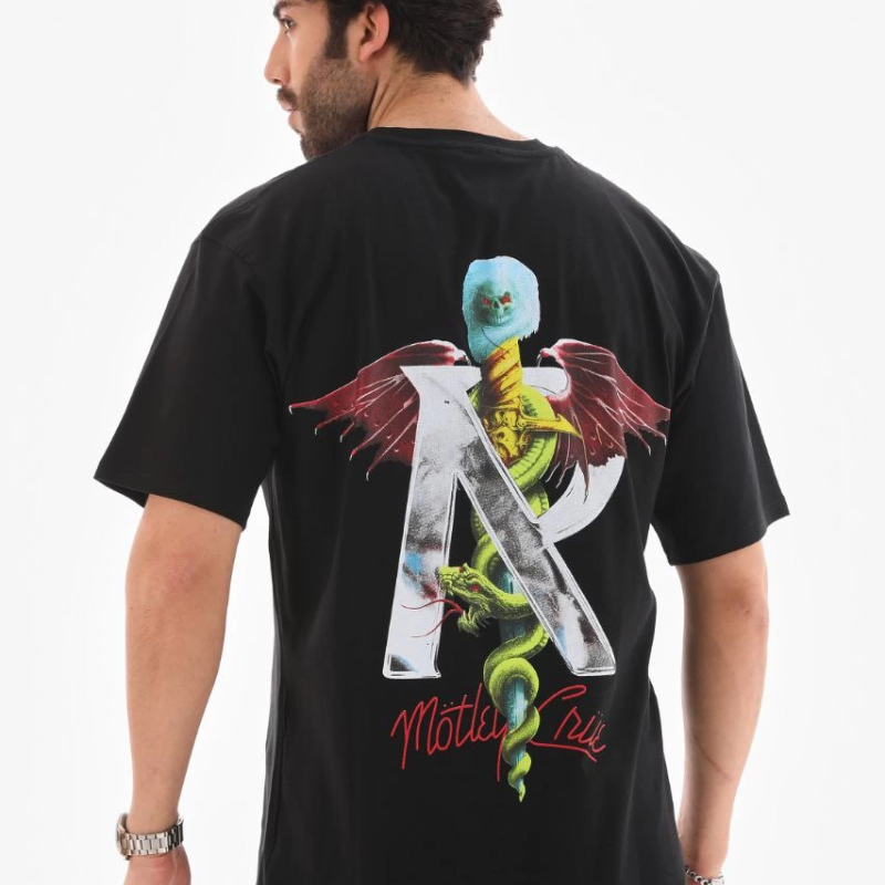 Bisiklet Yaka Baskılı Oversize T-Shirt - Siyah -