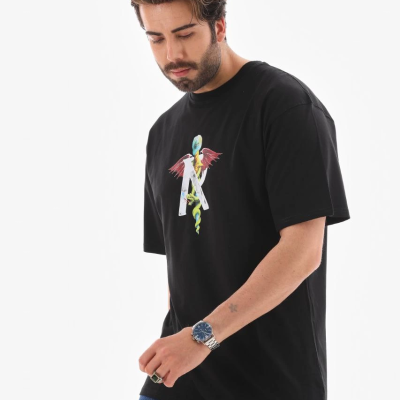 Bisiklet Yaka Baskılı Oversize T-Shirt - Siyah -