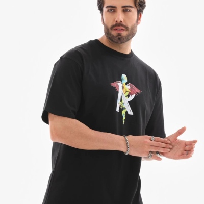 Bisiklet Yaka Baskılı Oversize T-Shirt - Siyah -