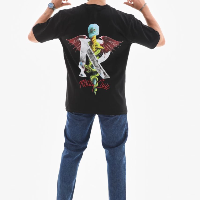 Bisiklet Yaka Baskılı Oversize T-Shirt - Siyah -