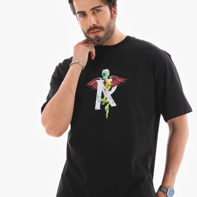 Bisiklet Yaka Baskılı Oversize T-Shirt - Siyah -