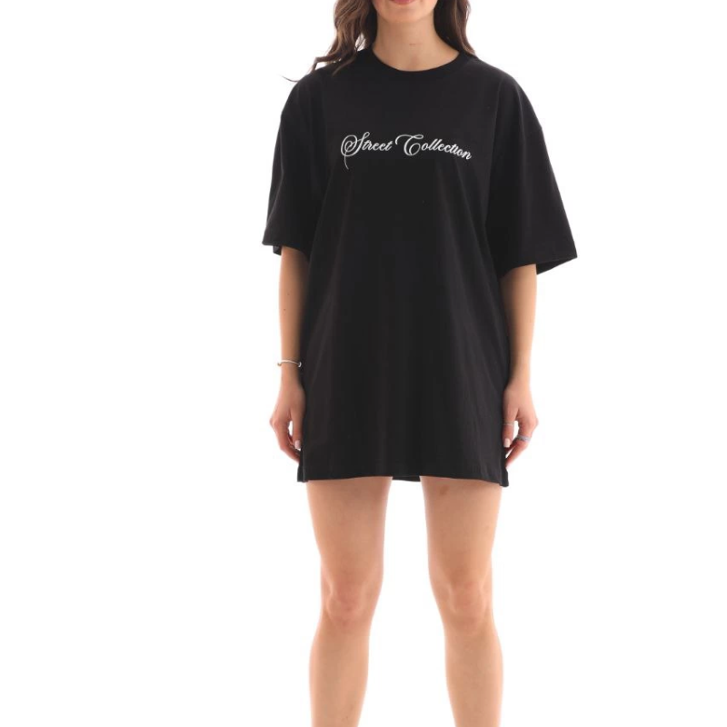 Bisiklet Yaka Baskılı Oversize T-Shirt - Siyah