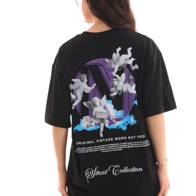 Bisiklet Yaka Baskılı Oversize T-Shirt - Siyah