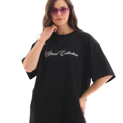 Bisiklet Yaka Baskılı Oversize T-Shirt - Siyah