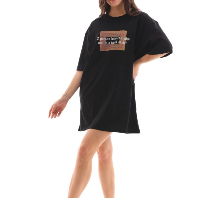 Bisiklet Yaka Baskılı Oversize T-Shirt - Siyah -