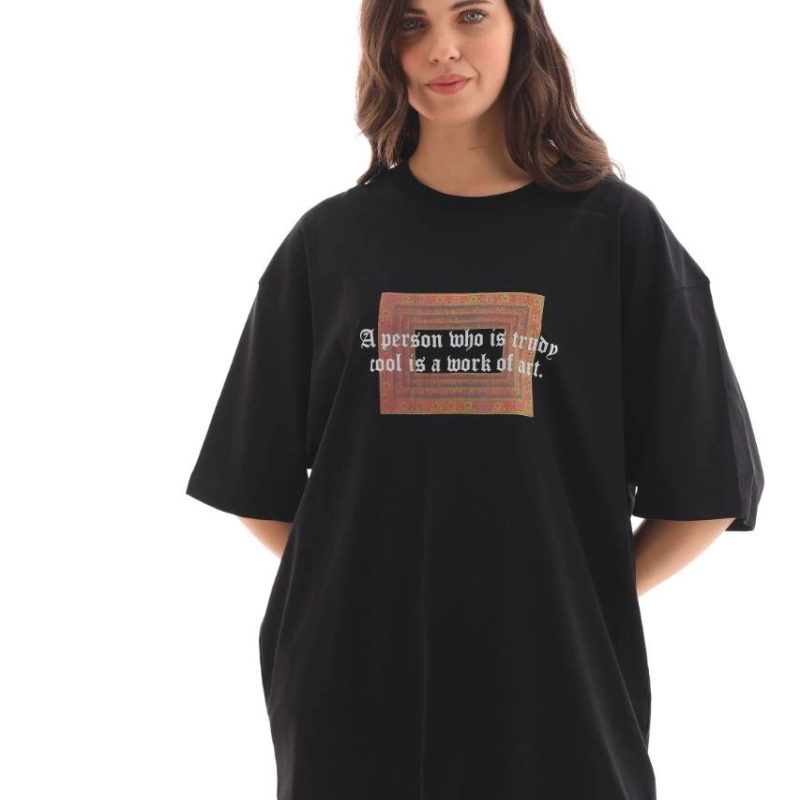 Bisiklet Yaka Baskılı Oversize T-Shirt - Siyah -