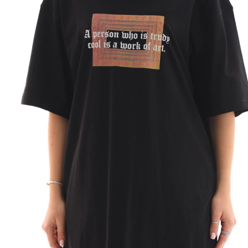 Bisiklet Yaka Baskılı Oversize T-Shirt - Siyah -