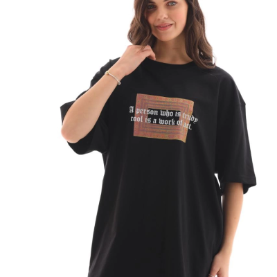 Bisiklet Yaka Baskılı Oversize T-Shirt - Siyah -