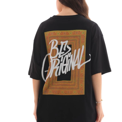 Bisiklet Yaka Baskılı Oversize T-Shirt - Siyah -