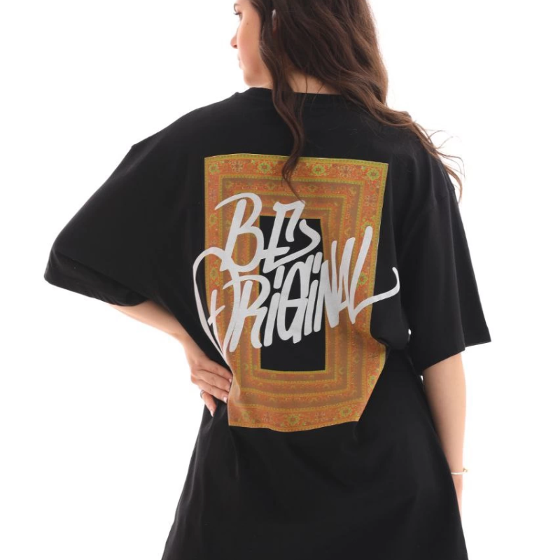 Bisiklet Yaka Baskılı Oversize T-Shirt - Siyah -