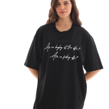 Bisiklet Yaka Baskılı Oversize T-Shirt - Siyah