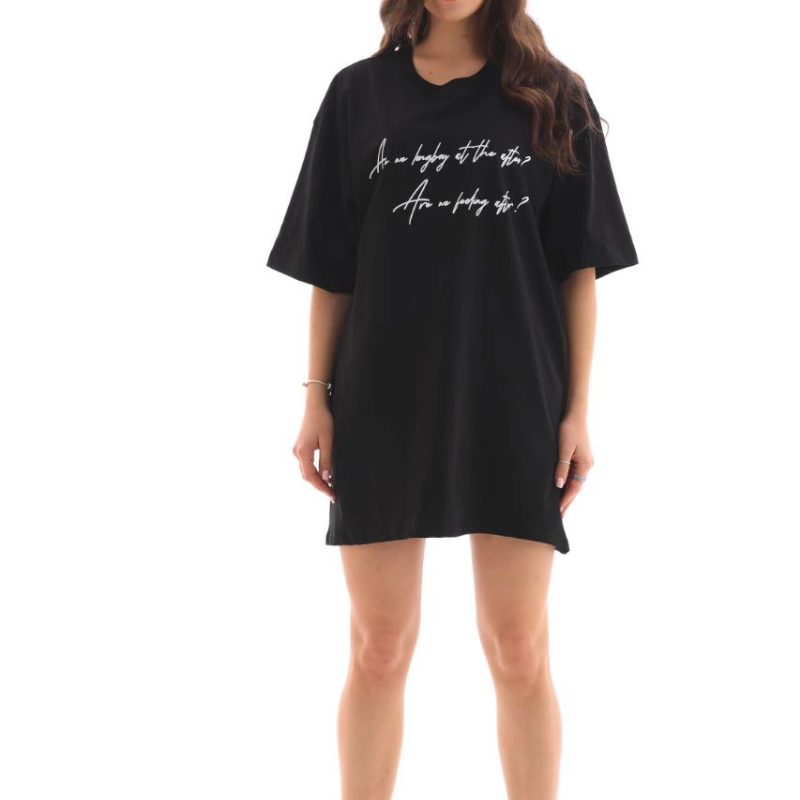 Bisiklet Yaka Baskılı Oversize T-Shirt - Siyah