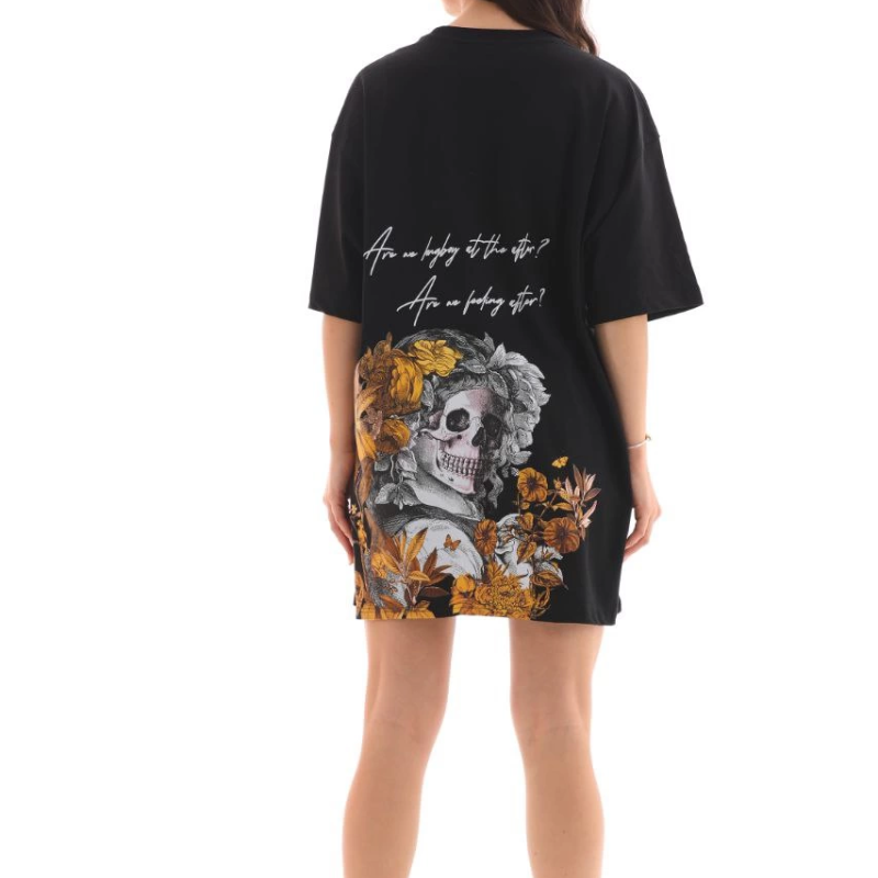 Bisiklet Yaka Baskılı Oversize T-Shirt - Siyah