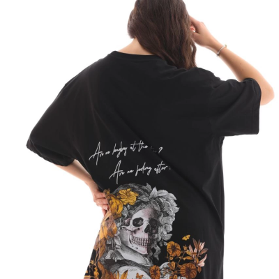 Bisiklet Yaka Baskılı Oversize T-Shirt - Siyah