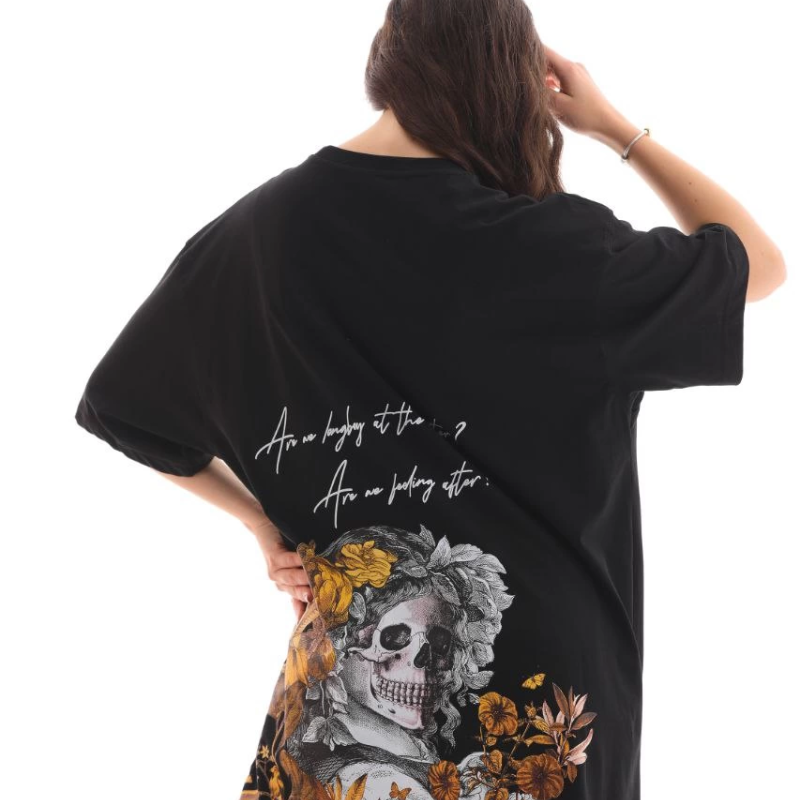 Bisiklet Yaka Baskılı Oversize T-Shirt - Siyah