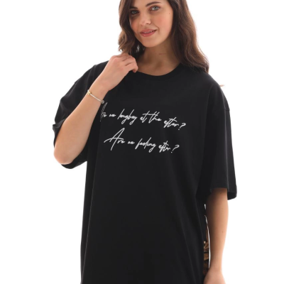 Bisiklet Yaka Baskılı Oversize T-Shirt - Siyah