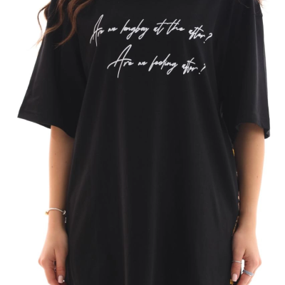 Bisiklet Yaka Baskılı Oversize T-Shirt - Siyah