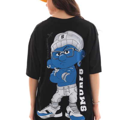 Bisiklet Yaka Baskılı Oversize T-Shirt - Siyah -