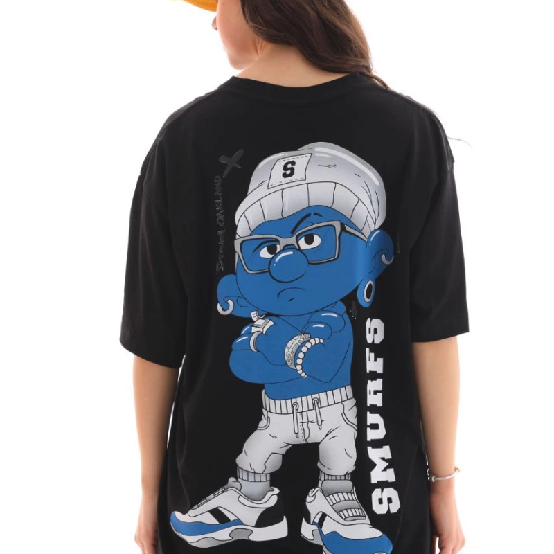 Bisiklet Yaka Baskılı Oversize T-Shirt - Siyah -