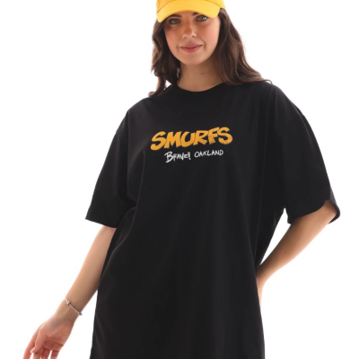 Bisiklet Yaka Baskılı Oversize T-Shirt - Siyah -