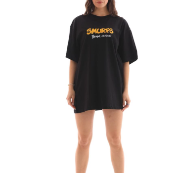 Bisiklet Yaka Baskılı Oversize T-Shirt - Siyah -