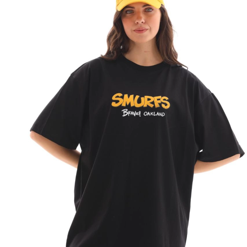 Bisiklet Yaka Baskılı Oversize T-Shirt - Siyah -