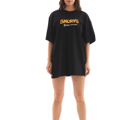 Bisiklet Yaka Baskılı Oversize T-Shirt - Siyah -