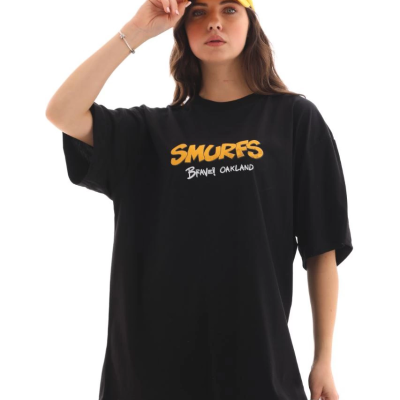 Bisiklet Yaka Baskılı Oversize T-Shirt - Siyah -