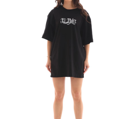 Bisiklet Yaka Baskılı Oversize T-Shirt - Siyah -