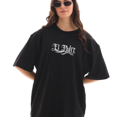Bisiklet Yaka Baskılı Oversize T-Shirt - Siyah -