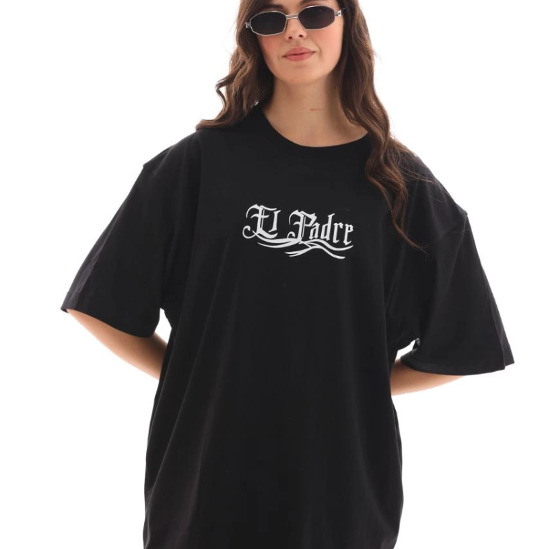 Bisiklet Yaka Baskılı Oversize T-Shirt - Siyah -