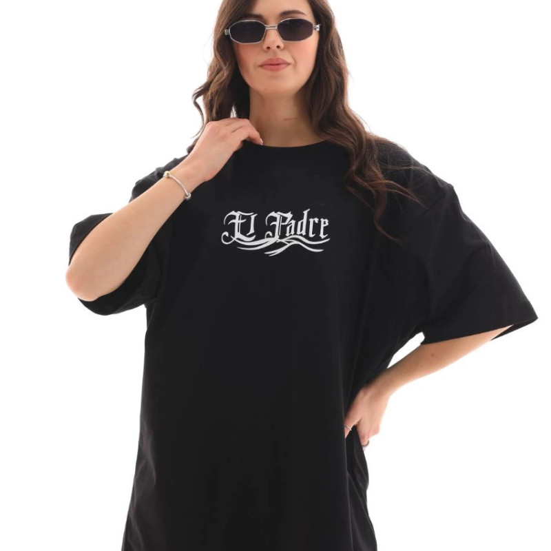 Bisiklet Yaka Baskılı Oversize T-Shirt - Siyah -