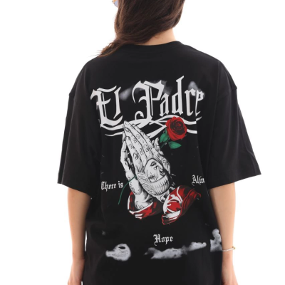 Bisiklet Yaka Baskılı Oversize T-Shirt - Siyah -