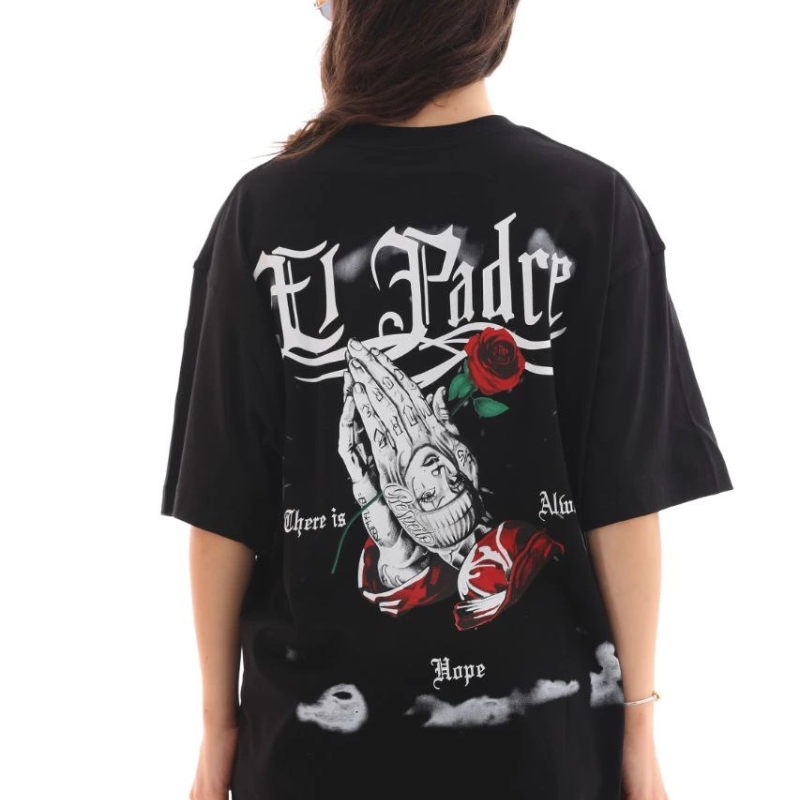 Bisiklet Yaka Baskılı Oversize T-Shirt - Siyah -