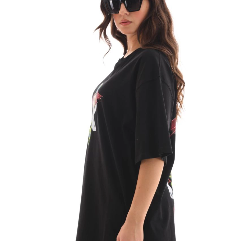 Bisiklet Yaka Baskılı Oversize T-Shirt - Siyah -
