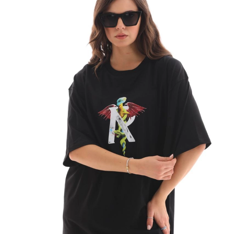 Bisiklet Yaka Baskılı Oversize T-Shirt - Siyah -