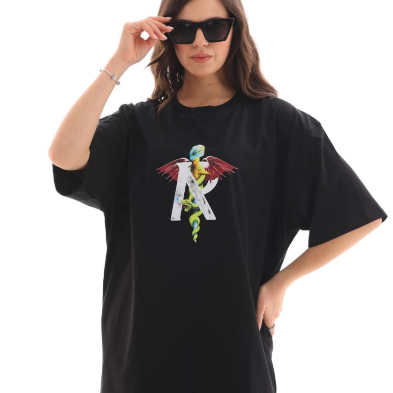 Bisiklet Yaka Baskılı Oversize T-Shirt - Siyah -