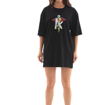 Bisiklet Yaka Baskılı Oversize T-Shirt - Siyah -