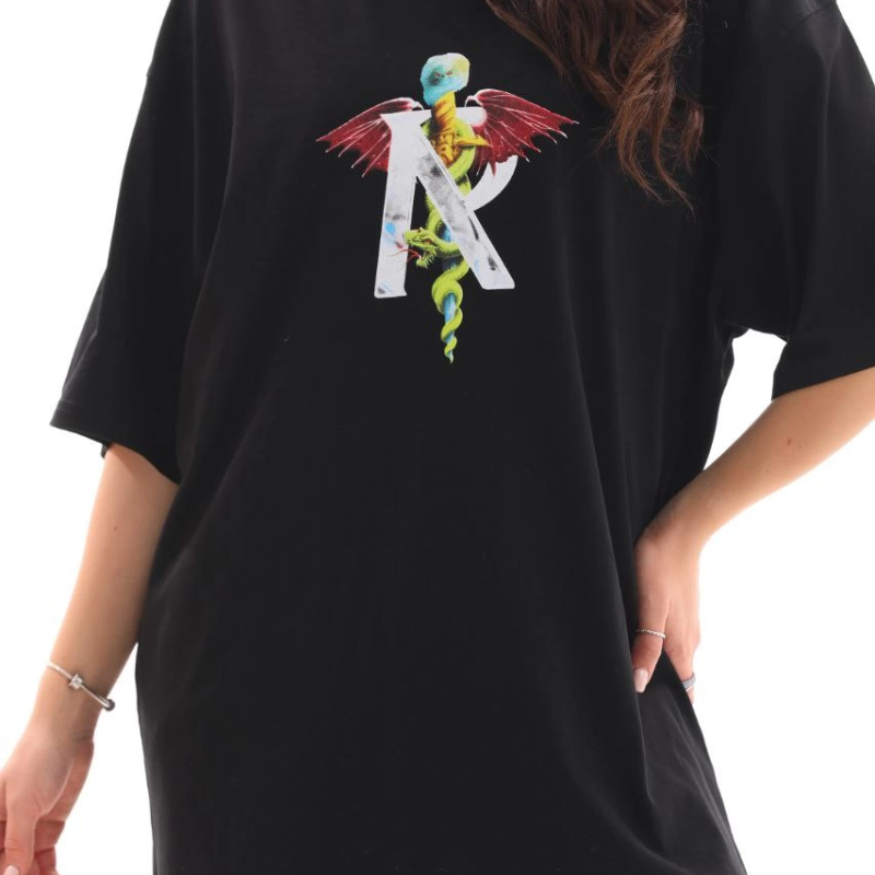 Bisiklet Yaka Baskılı Oversize T-Shirt - Siyah -