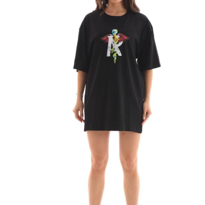 Bisiklet Yaka Baskılı Oversize T-Shirt - Siyah -