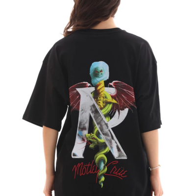 Bisiklet Yaka Baskılı Oversize T-Shirt - Siyah -